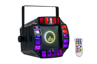 ORBIT2 - 3 in 1 effect light, 24 x 0.2W White LED strobe and 2x 12W RGB LED with 5x4 lens multi crossing beam and 100mW R and 30mW G laser